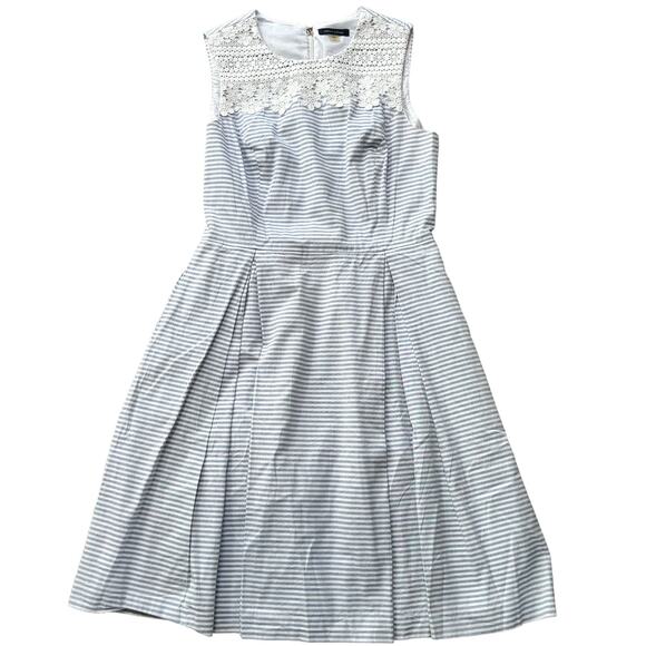 Tommy Hilfiger Gray White Striped Box Pleat Dress Lace Neckline Pockets Size 6 - Picture 1 of 9